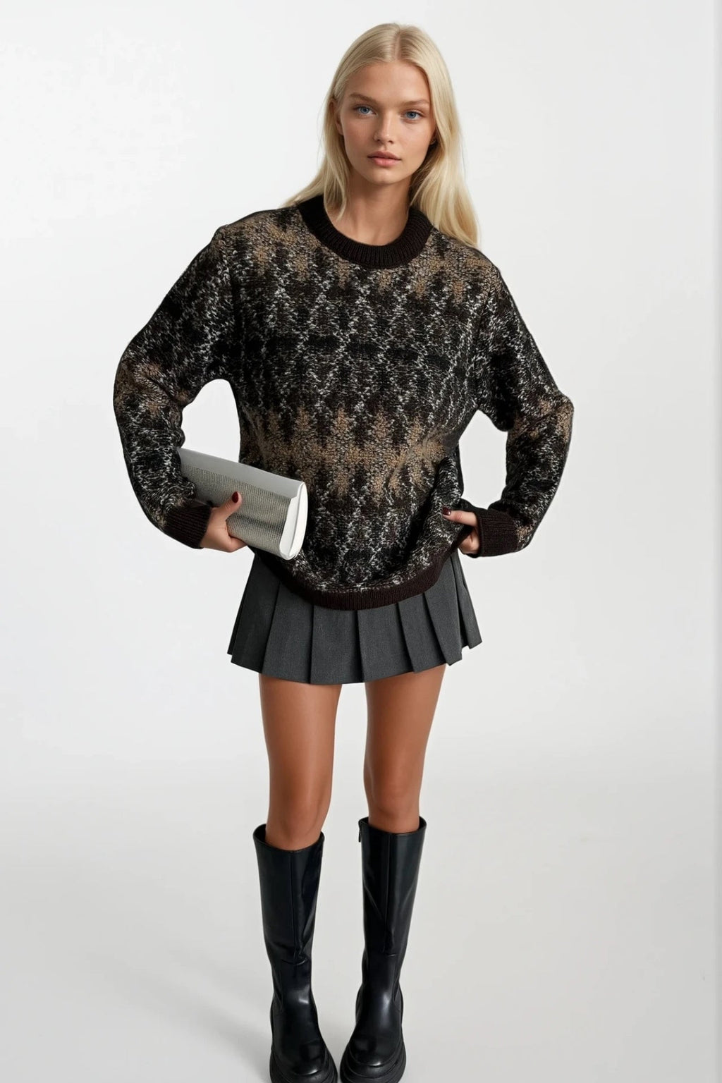 Crew Neck Brown Patterned Knit Sweater