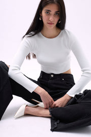 Crew Neck Textured White Crop