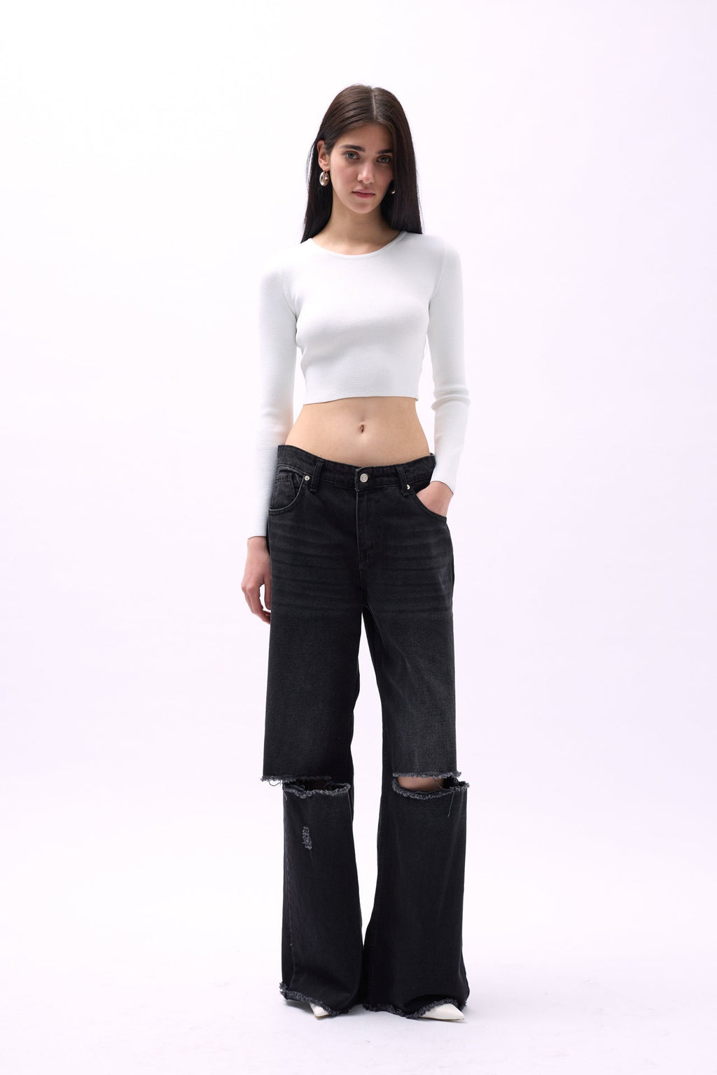 Crew Neck Textured White Crop