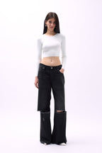 Crew Neck Textured White Crop