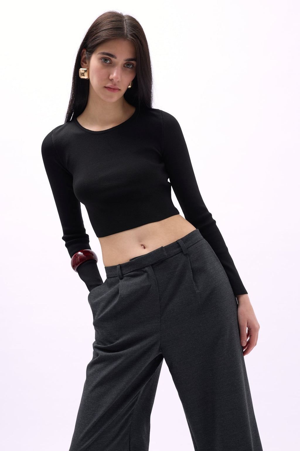 Crew Neck Textured Black Crop