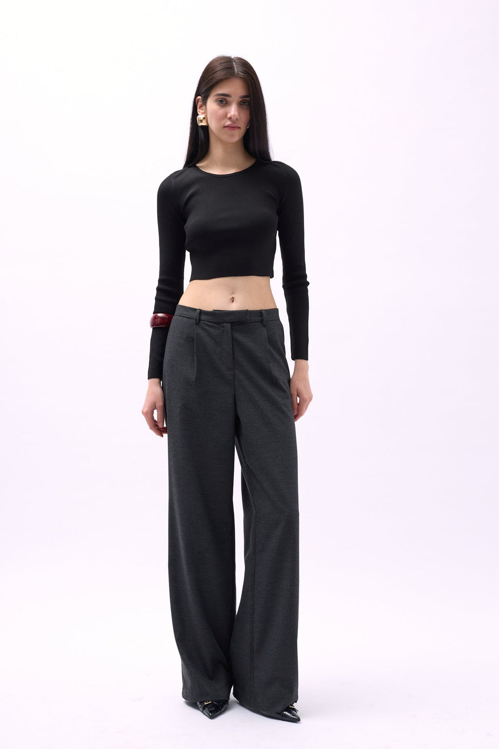 Crew Neck Textured Black Crop