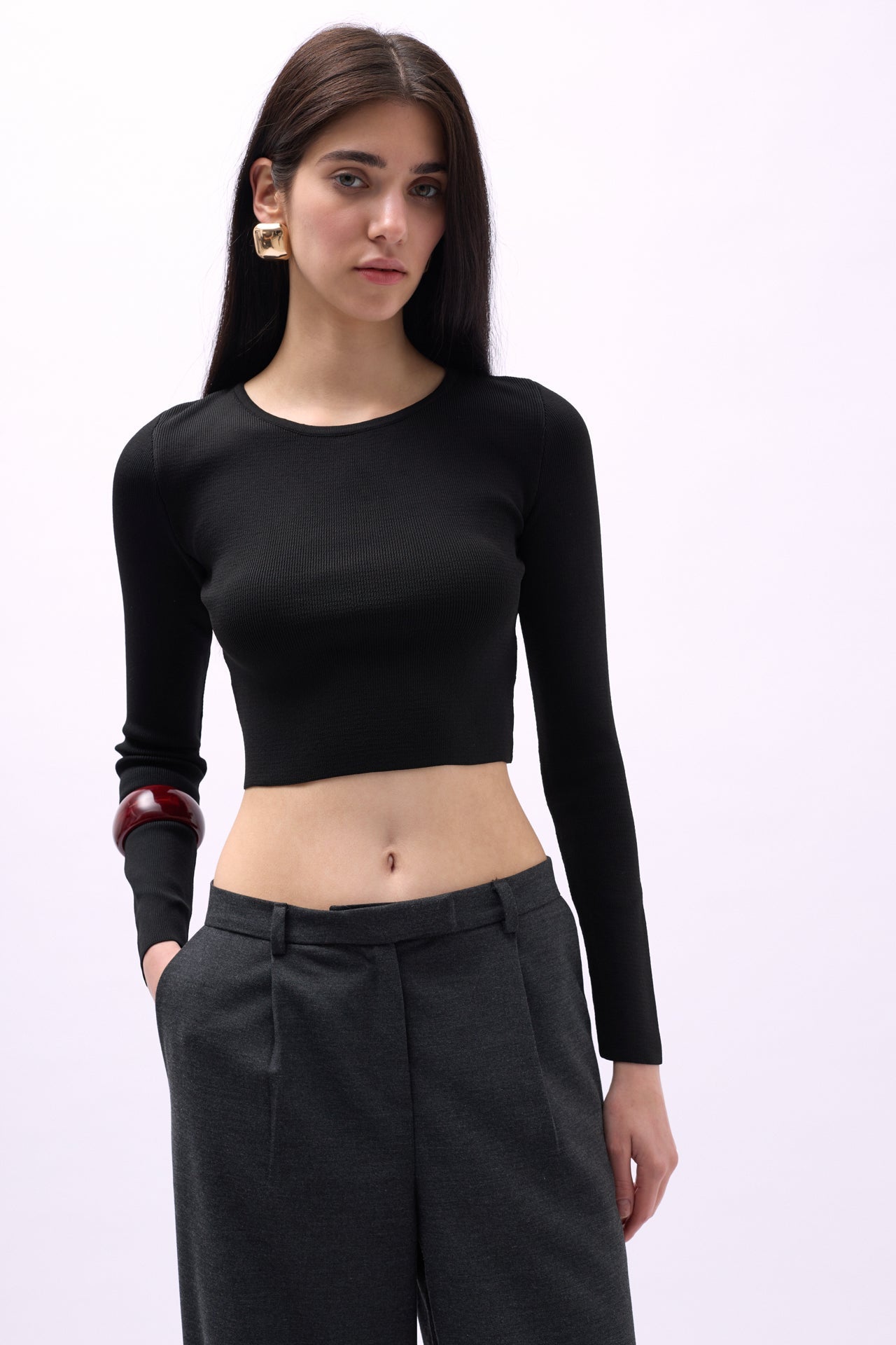 Crew Neck Textured Black Crop