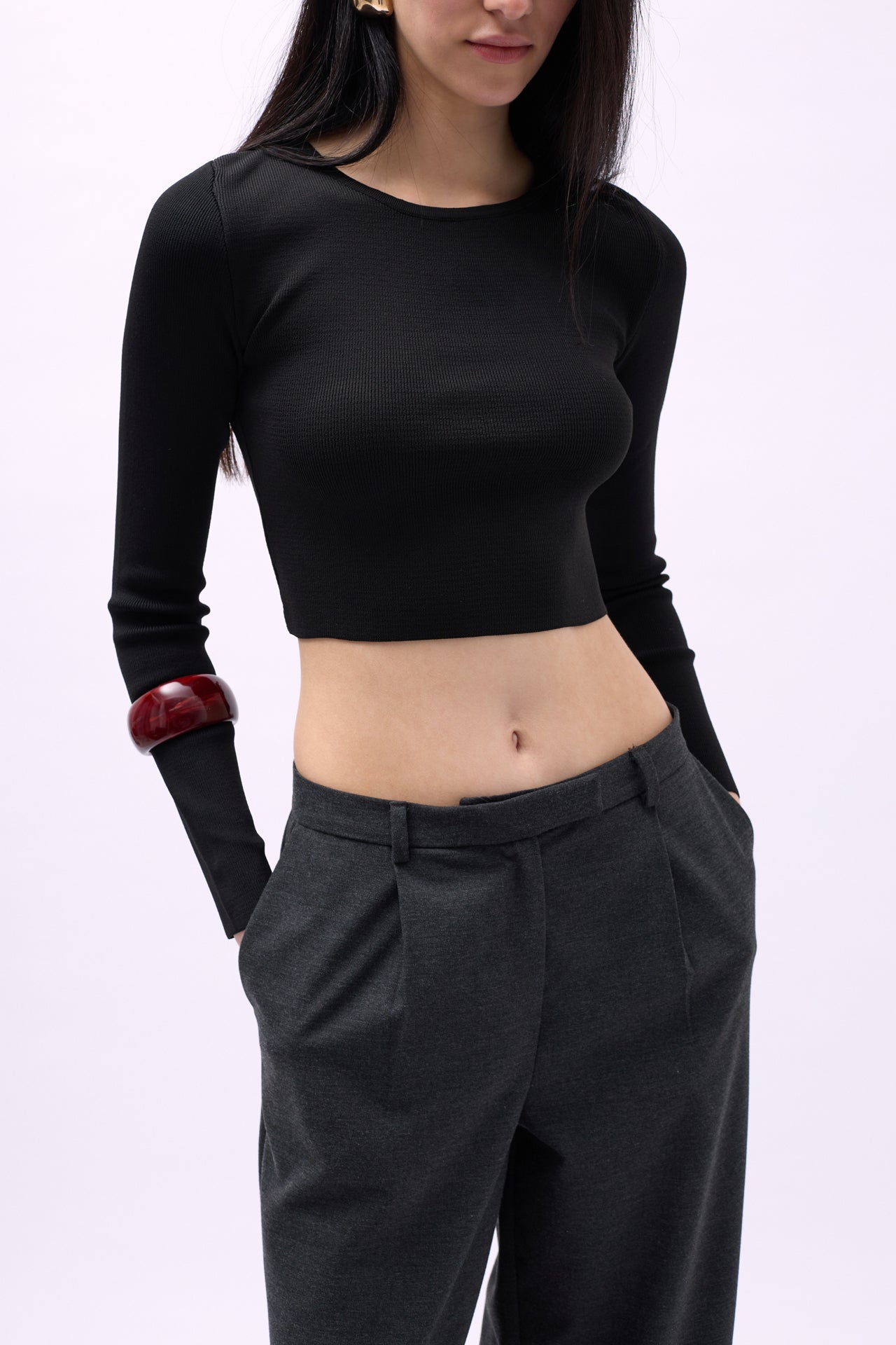 Crew Neck Textured Black Crop