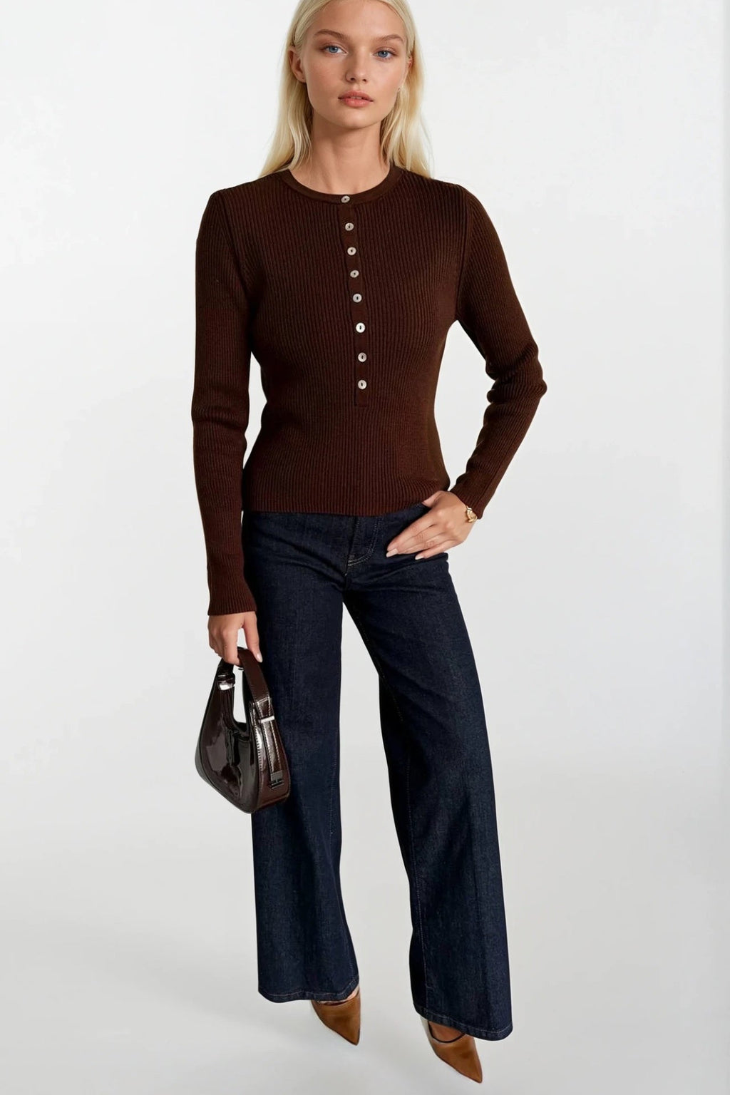Crew Neck Button Detail Brown Knit Blouse