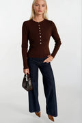 Crew Neck Button Detail Brown Knit Blouse