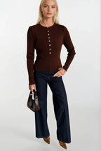 Crew Neck Button Detail Brown Knit Blouse