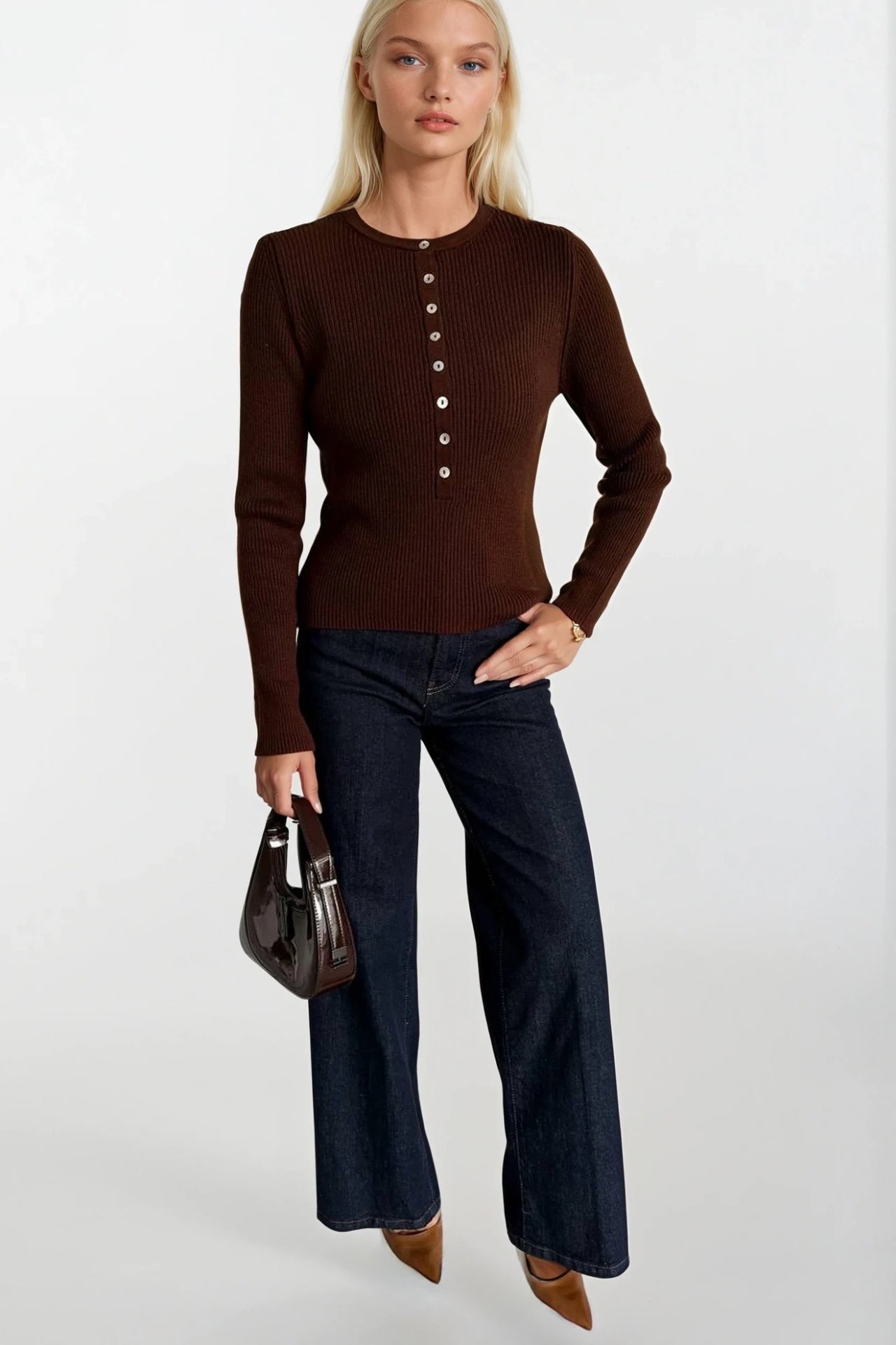 Crew Neck Button Detail Brown Knit Blouse