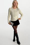 Crew Neck Button Detail Ecru Knit Blouse