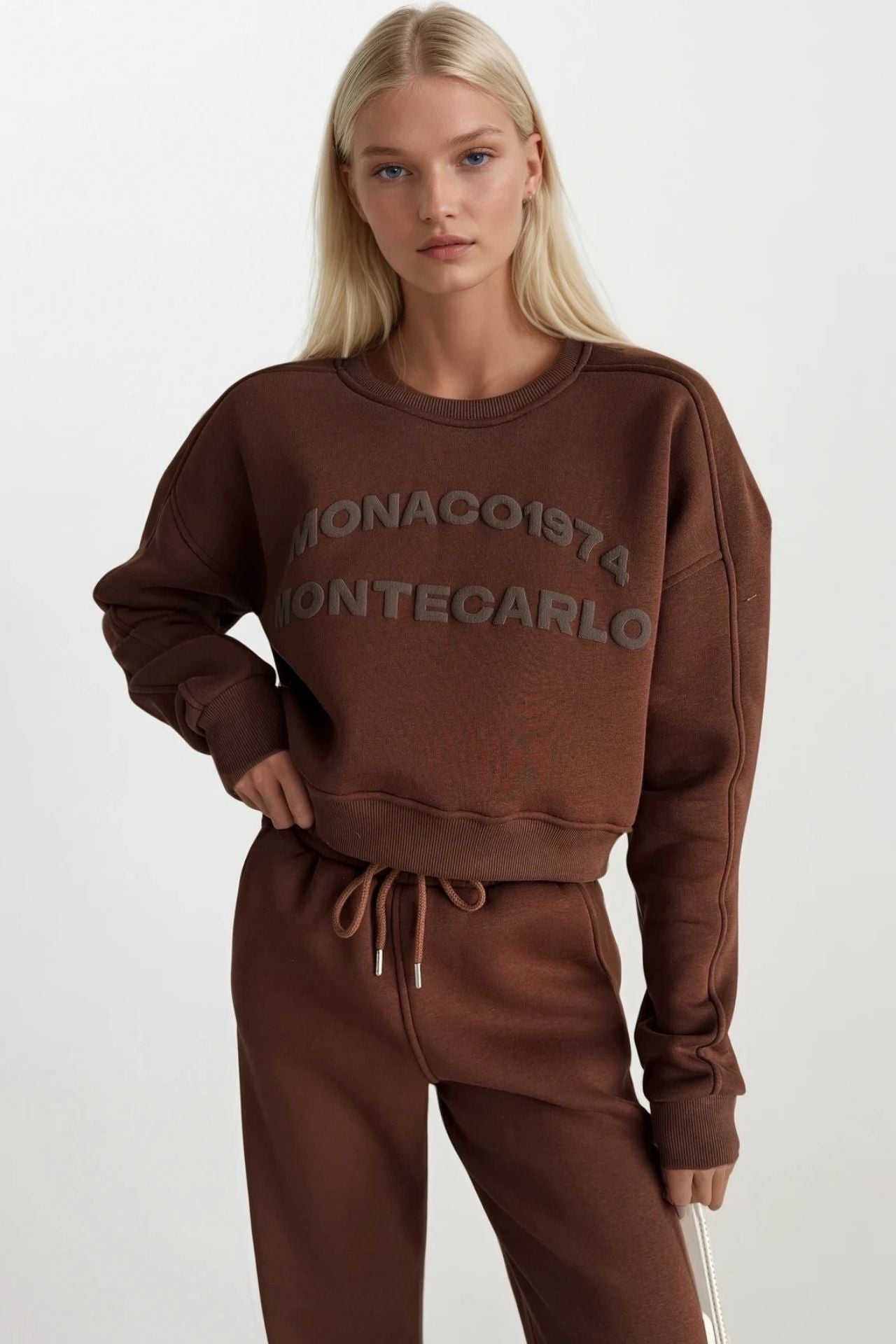 Crew Neck Kabartma Baskili Brown Sweatshirt