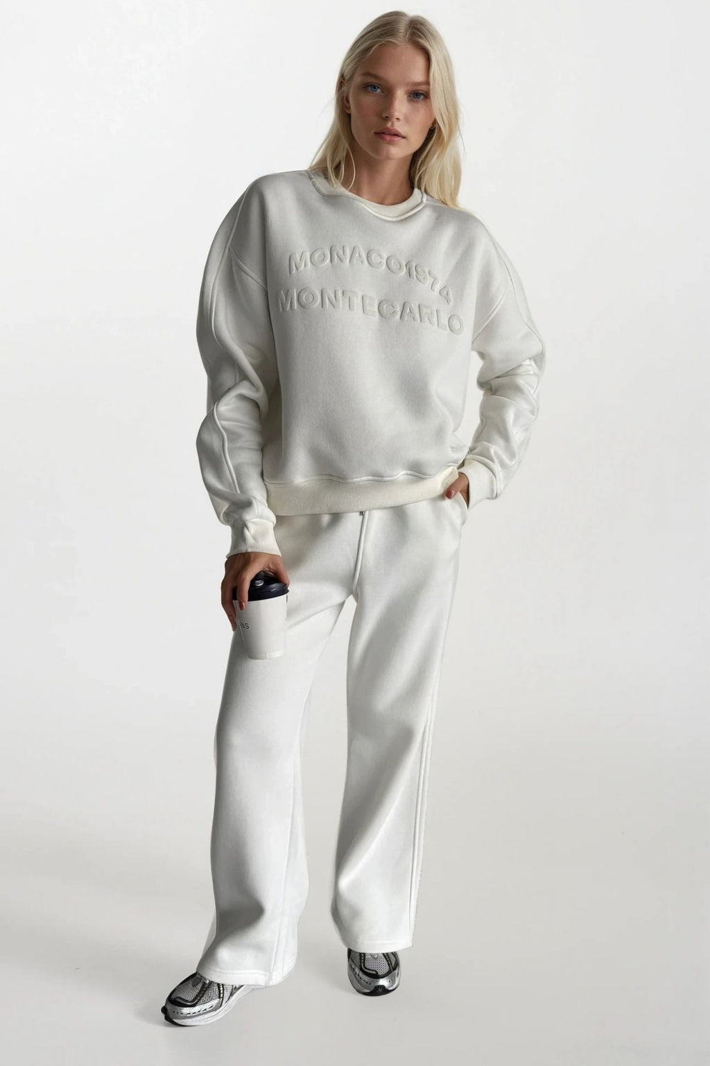 Crew Neck Kabartma Baskili Ecru Sweatshirt