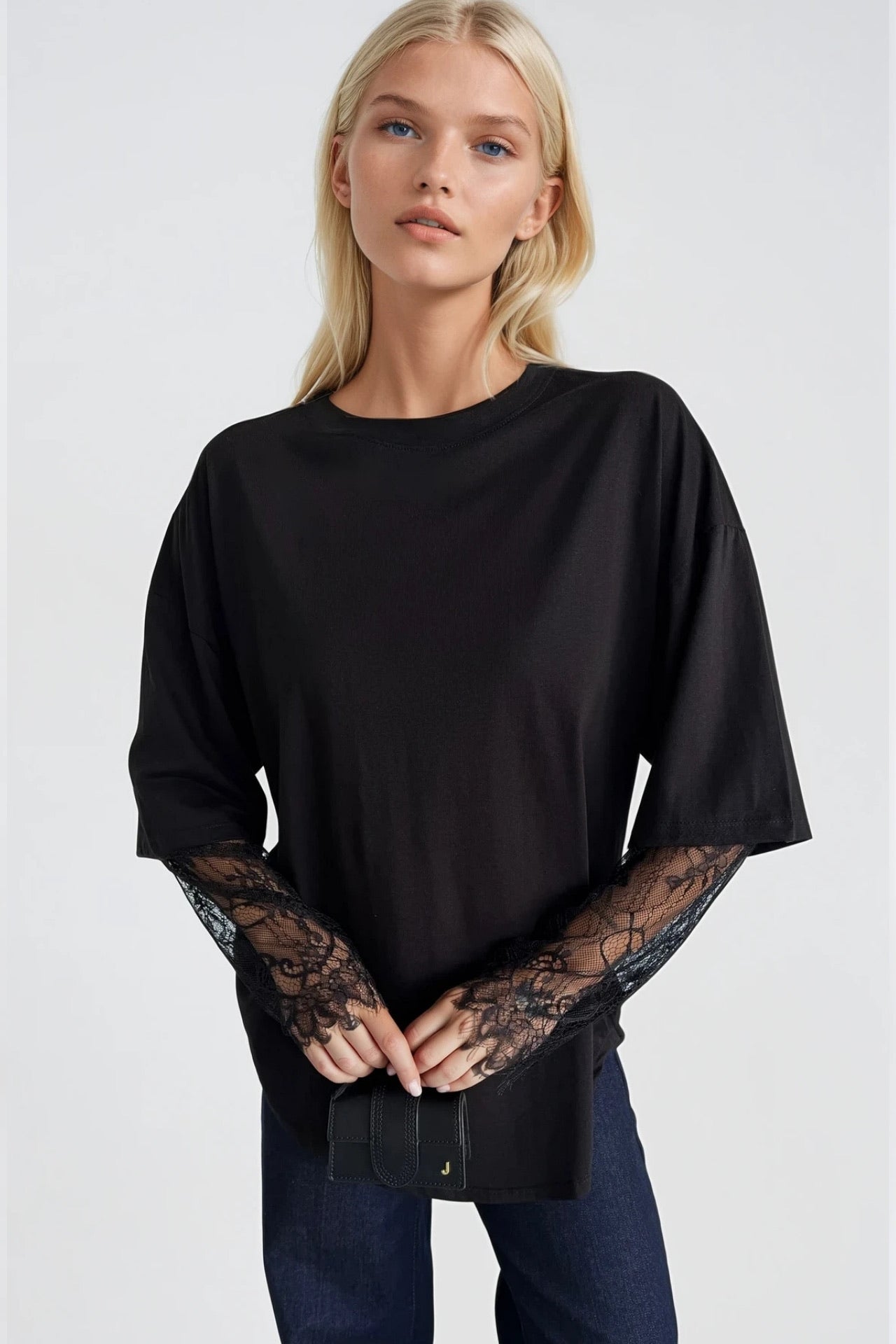 Crew Neck Sleeve Lace Detail Black Oversize t-Shirt
