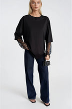 Crew Neck Sleeve Lace Detail Black Oversize t-Shirt