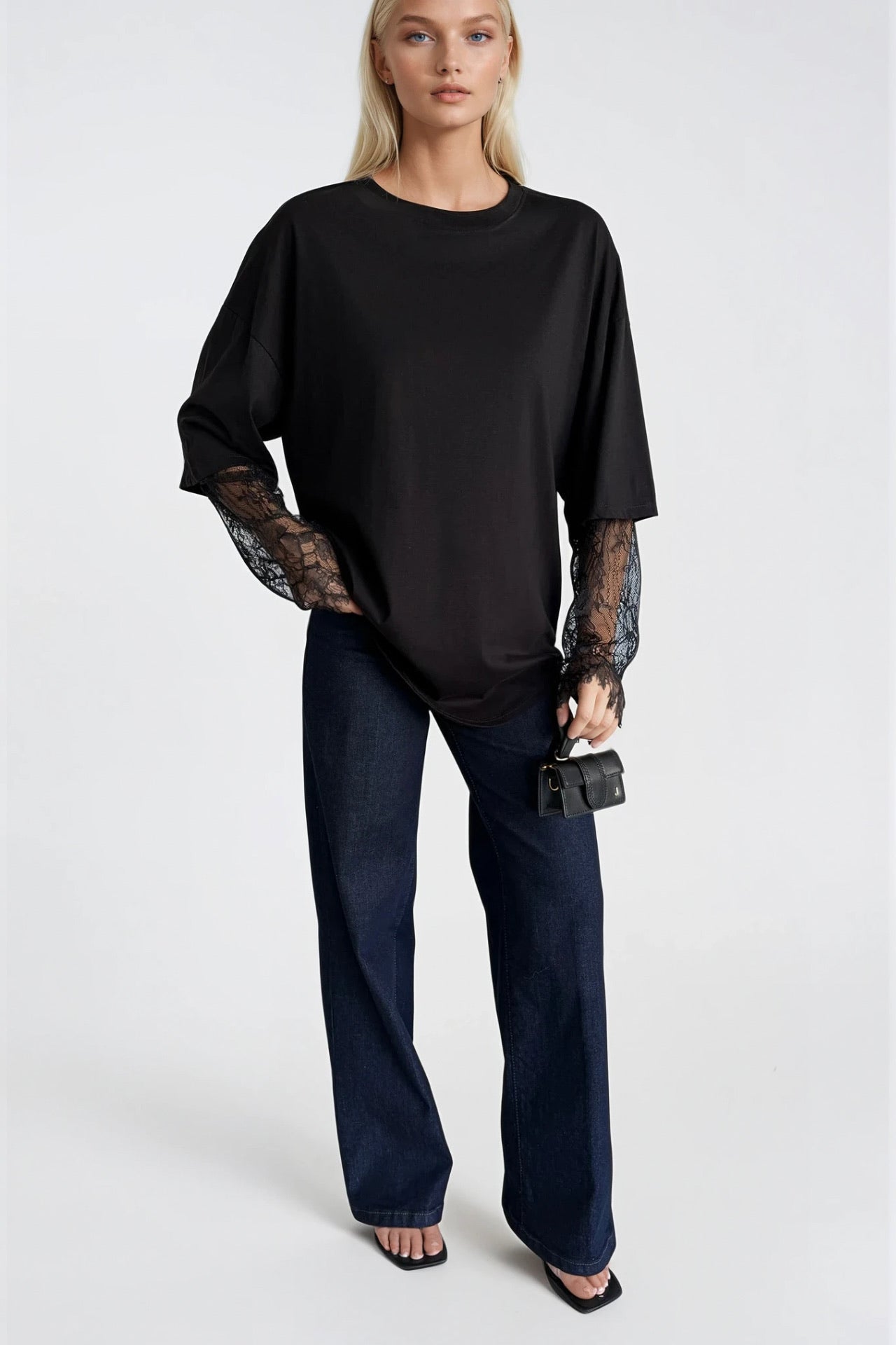 Crew Neck Sleeve Lace Detail Black Oversize t-Shirt