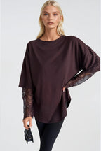 Crew Neck Sleeve Lace Detail Brown Oversize t-Shirt