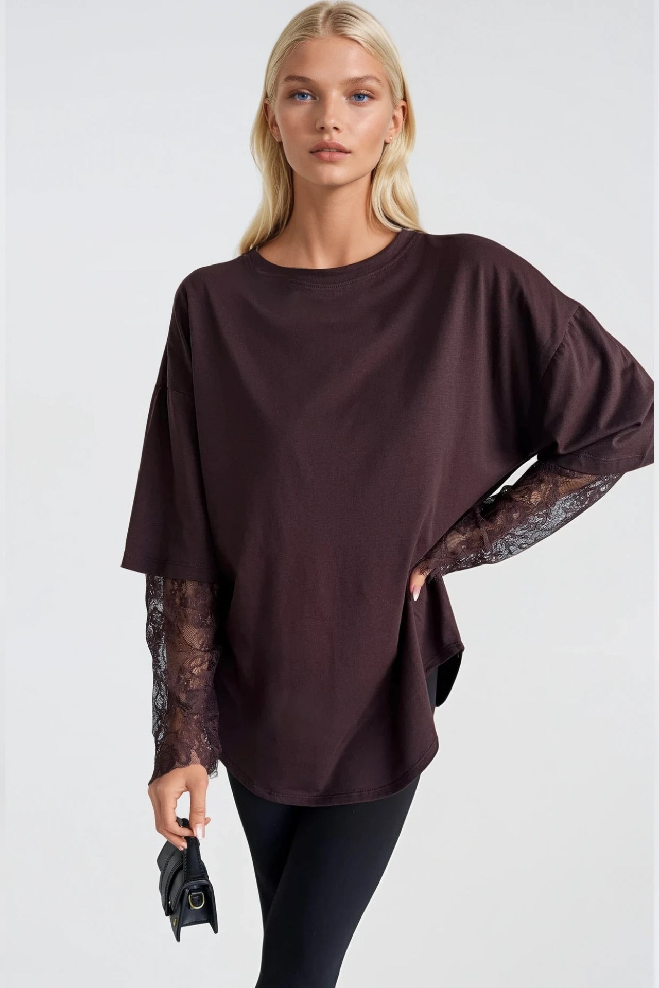 Crew Neck Sleeve Lace Detail Brown Oversize t-Shirt