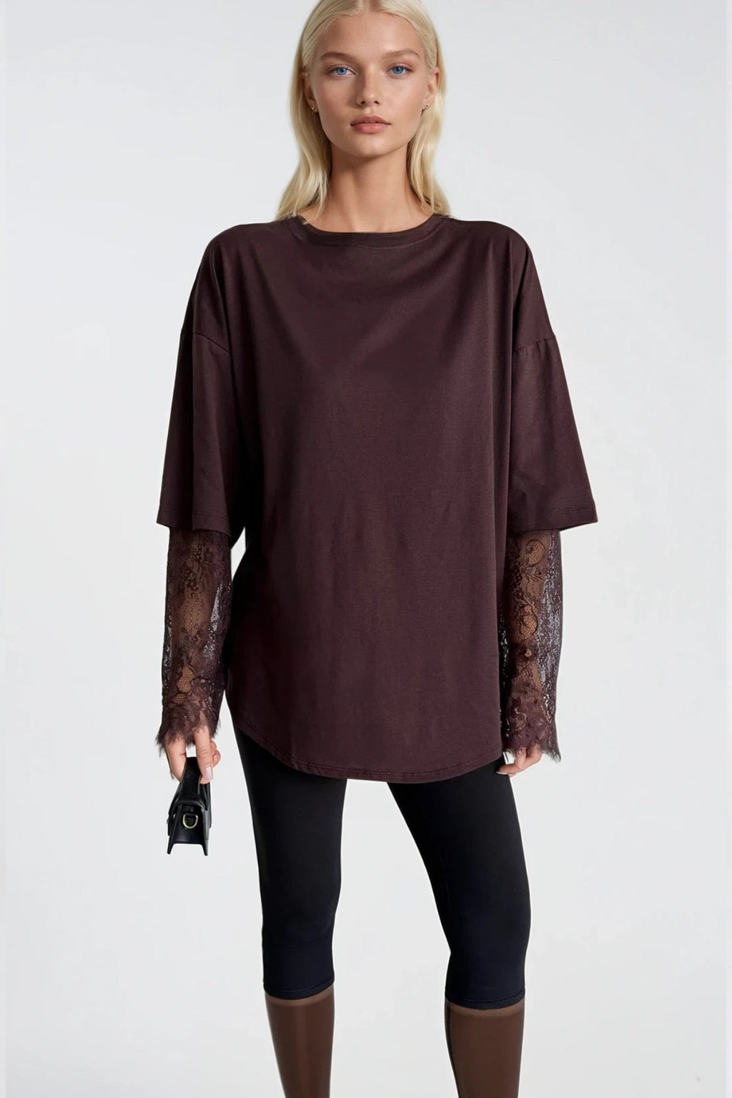 Crew Neck Sleeve Lace Detail Brown Oversize t-Shirt