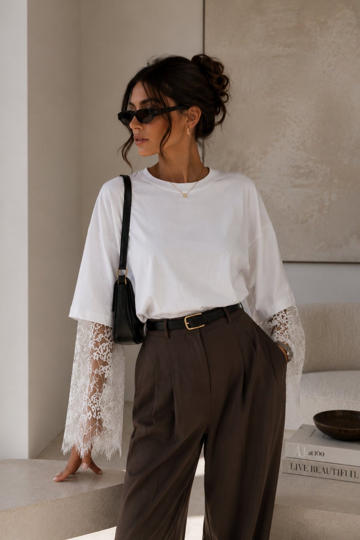 Crew Neck Lace Detail White Oversized T-Shirt