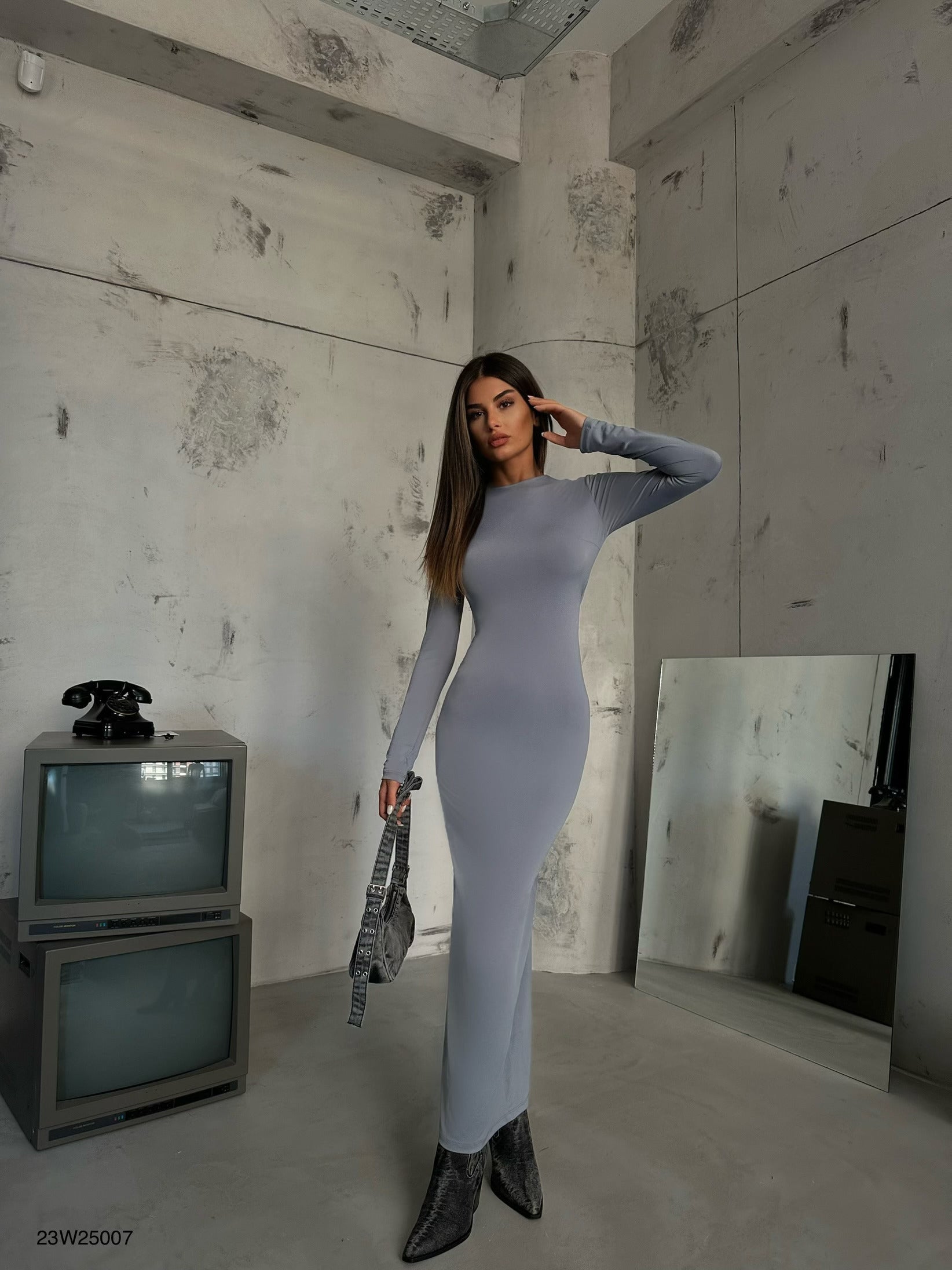 Crew Neck Gray Maxi Dress