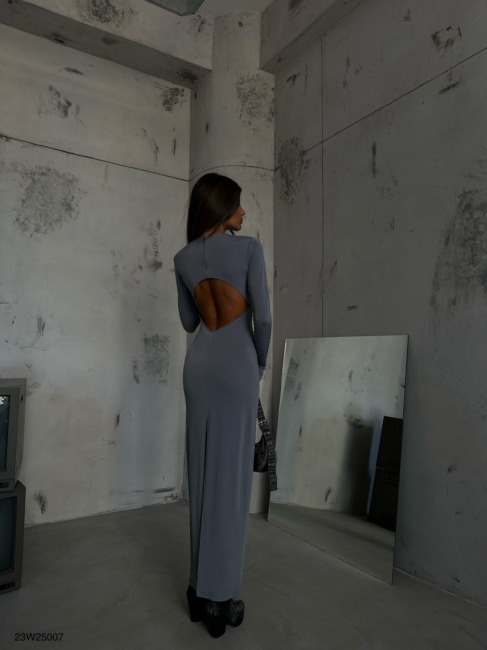 Crew Neck Gray Maxi Dress