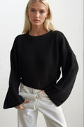 Crew Neck Knit Detail Crop Triko Black Sweater
