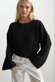 Crew Neck Knit Detail Crop Knit Black Sweater