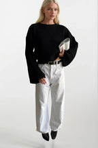 Crew Neck Knit Detail Crop Triko Black Sweater