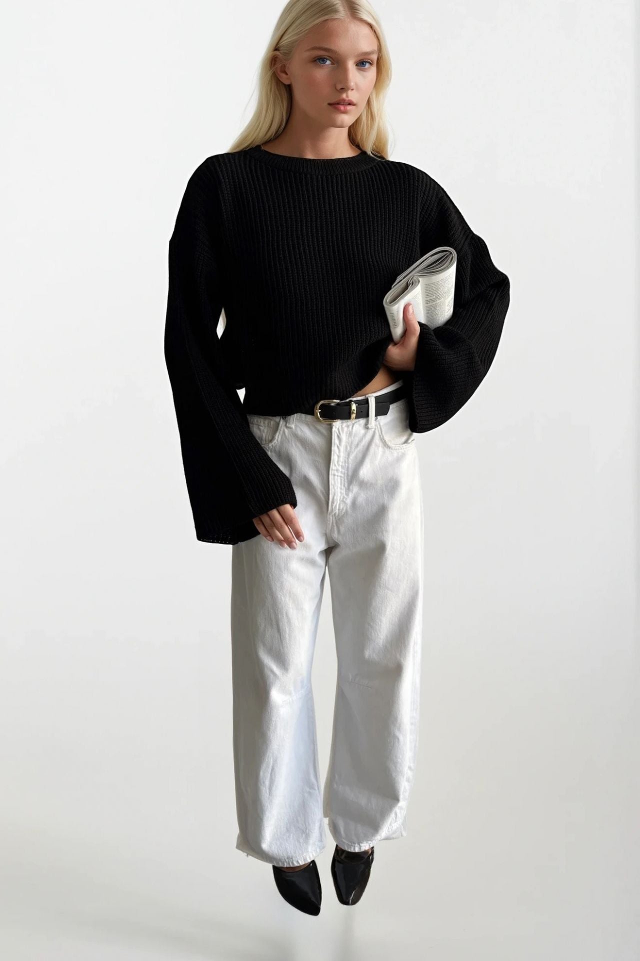 Crew Neck Knit Detail Crop Triko Black Sweater