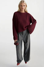 Crew Neck Knit Detail Crop Triko Burgundy Sweater