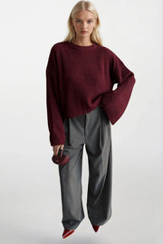 Burgundy Crew Neck Knit Detail Crop Sweater