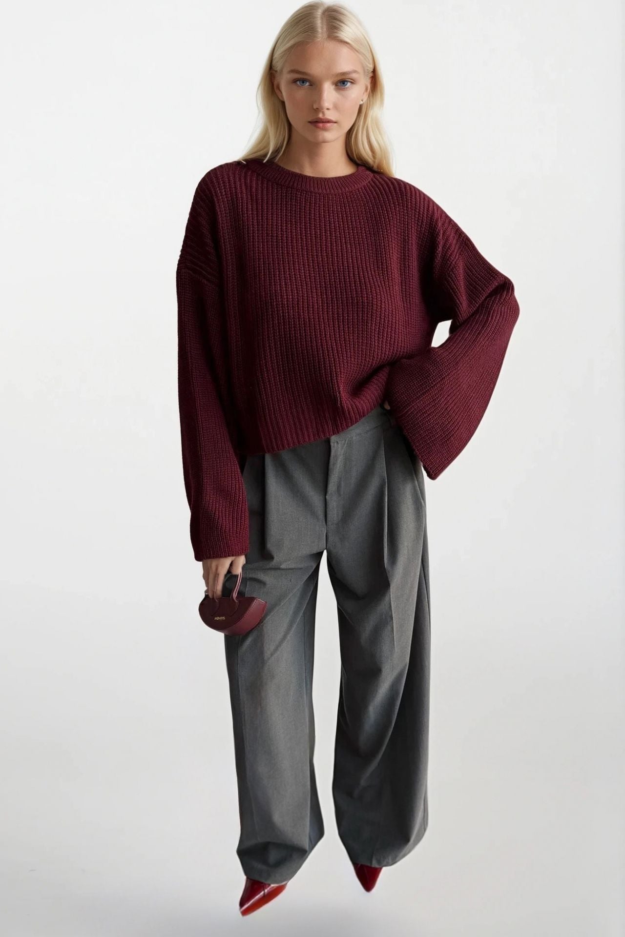 Crew Neck Knit Detail Crop Triko Burgundy Sweater