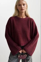 Crew Neck Knit Detail Crop Triko Burgundy Sweater