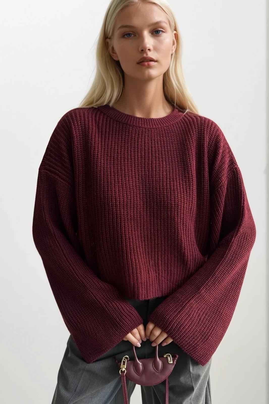Crew Neck Knit Detail Crop Triko Burgundy Sweater
