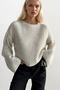 Crew Neck Knit Detail Crop Knit Ecru Sweater