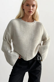 Crew Neck Knit Detail Crop Ecru Sweater