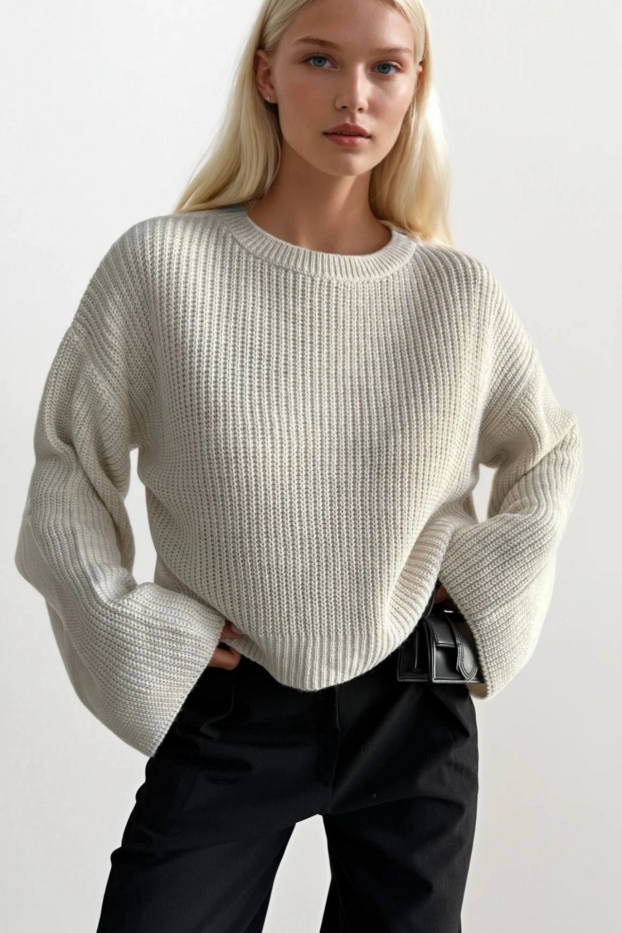 Crew Neck Knit Detail Crop Knit Ecru Sweater