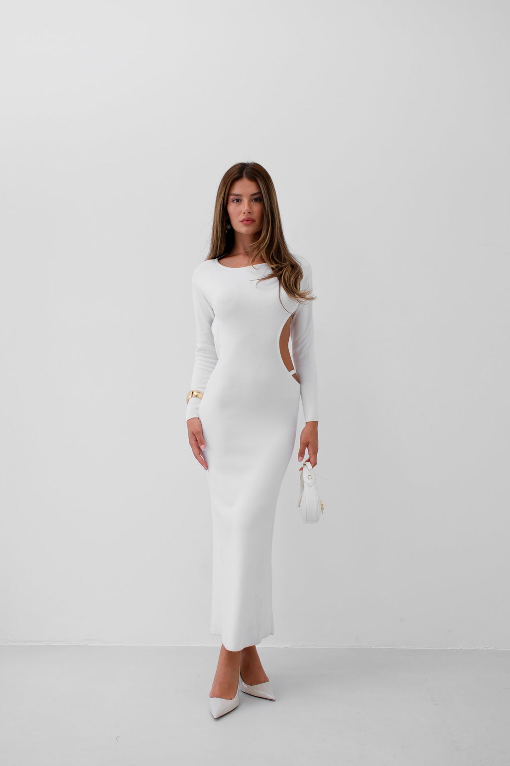 Crew Neck Back Cut-Out White Dress