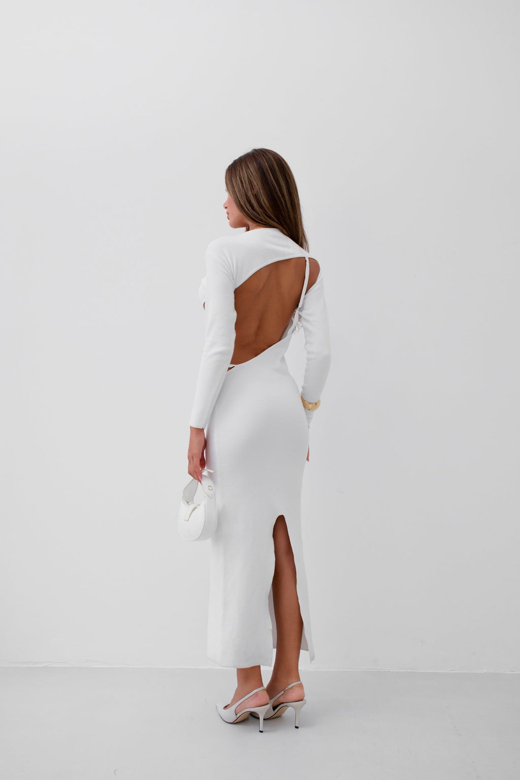 Crew Neck Back Cut-Out White Dress