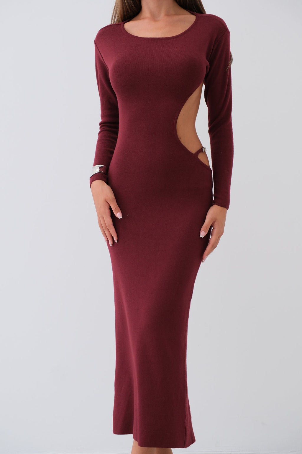 Crew Neck Back Cutout Burgundy Dress
