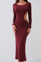 Crew Neck Back Cutout Burgundy Dress