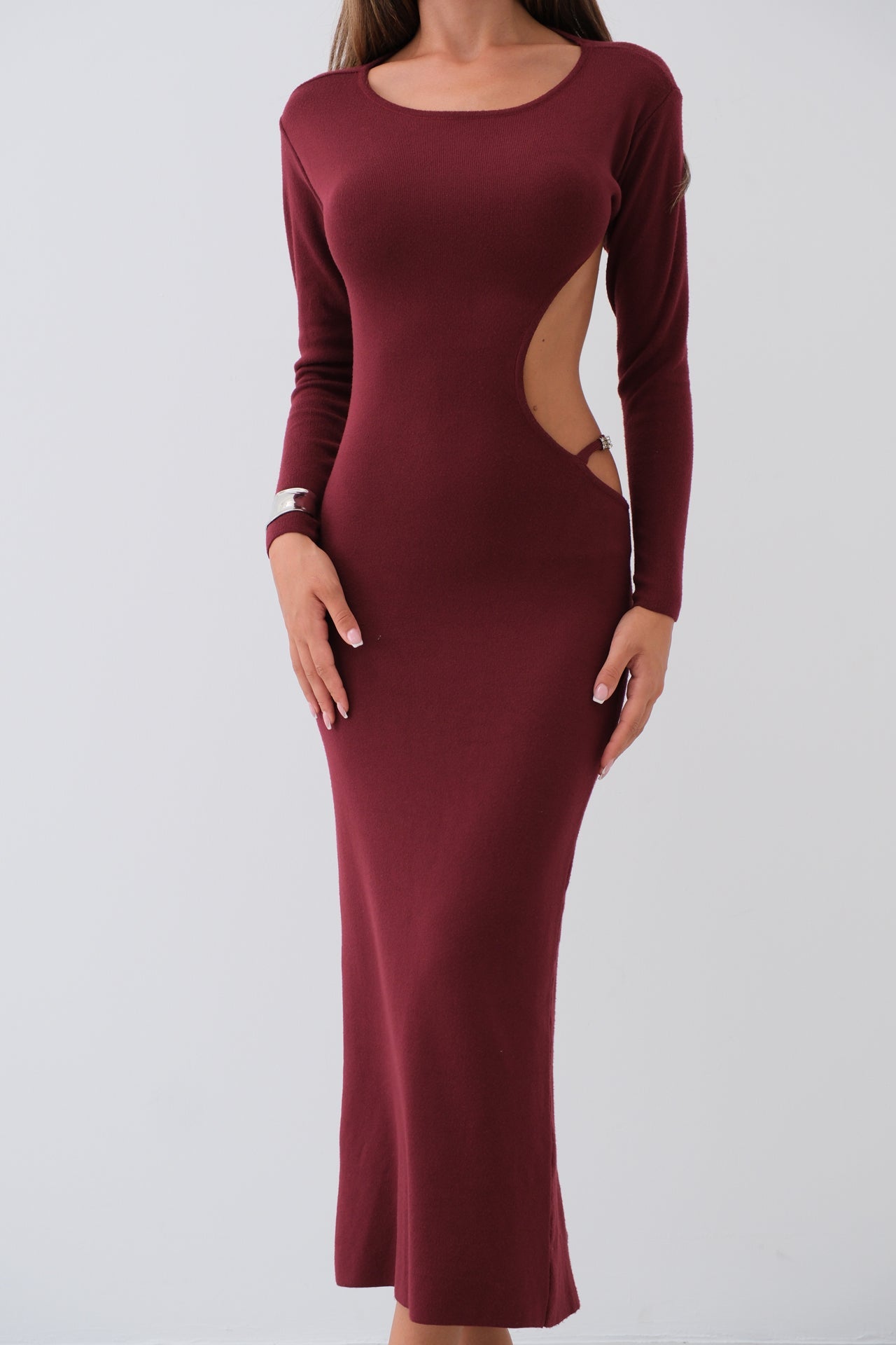 Crew Neck Back Cutout Burgundy Dress