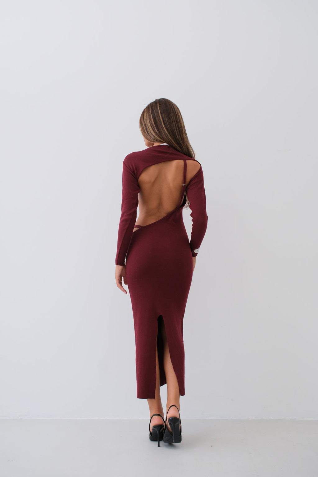 Crew Neck Back Cutout Burgundy Dress