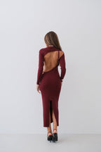 Crew Neck Back Cutout Burgundy Dress