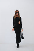 Crew Neck Back Cut-Out Black Dress