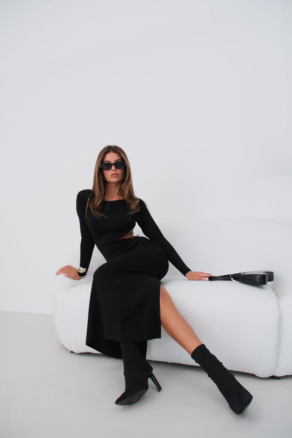Crew Neck Back Cut-Out Black Dress