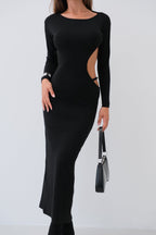 Crew Neck Back Cut-Out Black Dress