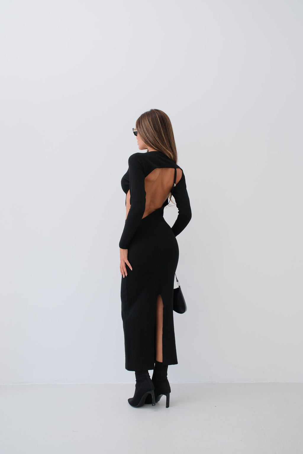 Crew Neck Back Cut-Out Black Dress