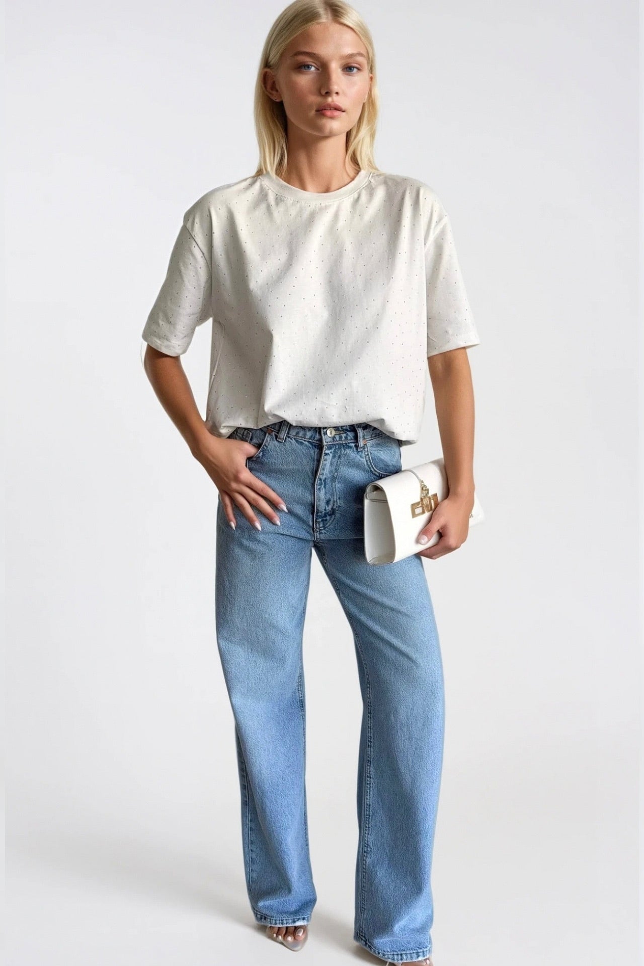 Crew Neck Stone Detail White T-Shirt