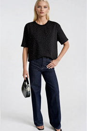 Crew Neck Rhinestone Detail Black T-Shirt