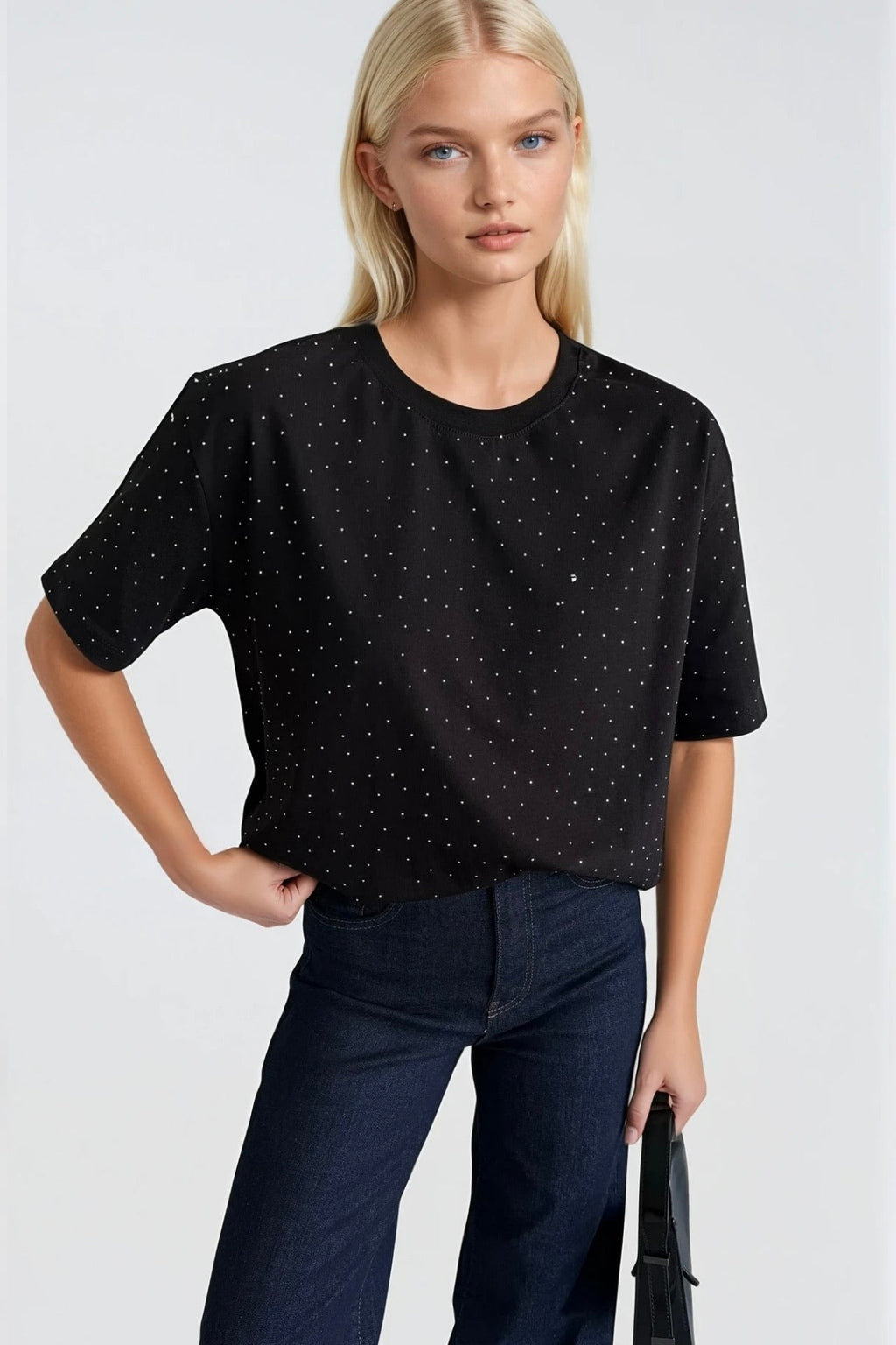 Crew Neck Stone Detail Black T-Shirt